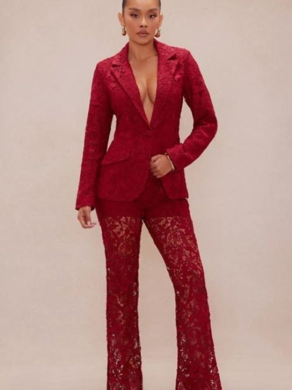NWT Women's Burgundy Lace Blazer & Flare Pants Suit Sets Semi Sheer Sz Medium